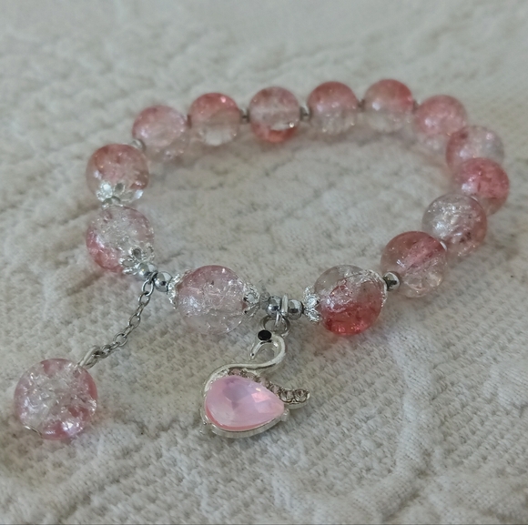 Elegant Pink Gold Beaded Charm Bracelet Set Crystal Pearl Swan Butterfly Girly - Picture 5 of 9